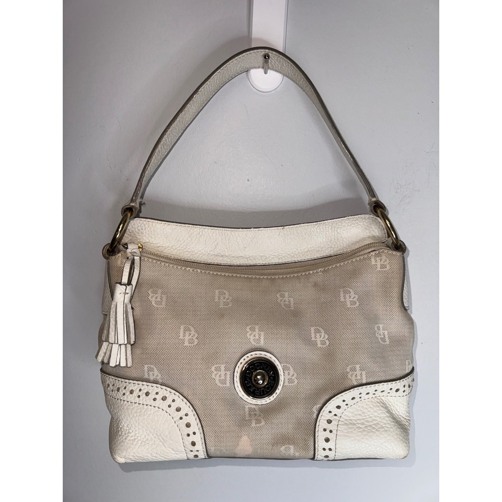 Dooney & Bourke Vintage Y2K Monogram Canvas White Leather Shoulder Bag Tassel